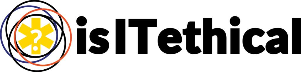 Emblazoned in black is the name "IsITEthical", while on the left is a logo: a white question mark is imprinted on a yellow six-pointed asterisk, similar to a medical "star of life". Around this a purple, blue, red and black circle are tightly intersecting.